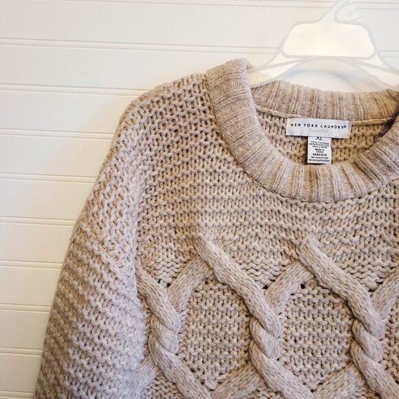 New York Laundry Sweater XL Beige Chunky Cable Knit Fisherman Wool Blend - Picture 2 of 8